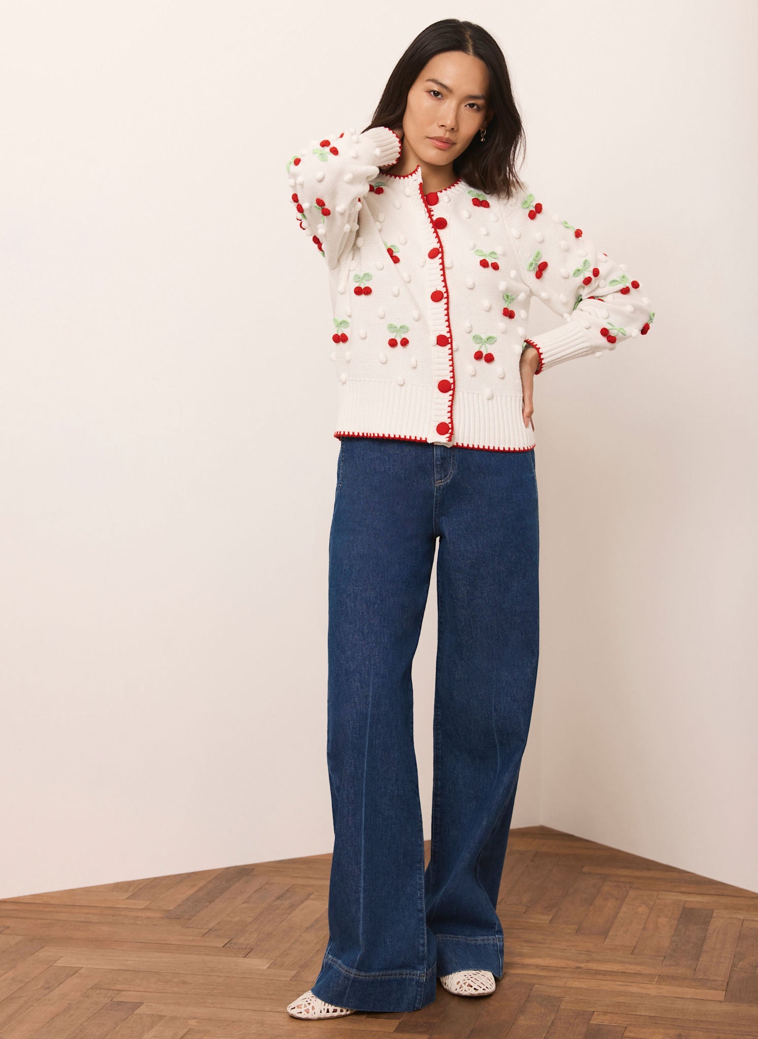 Cream Cherry Applique Knit Cardigan