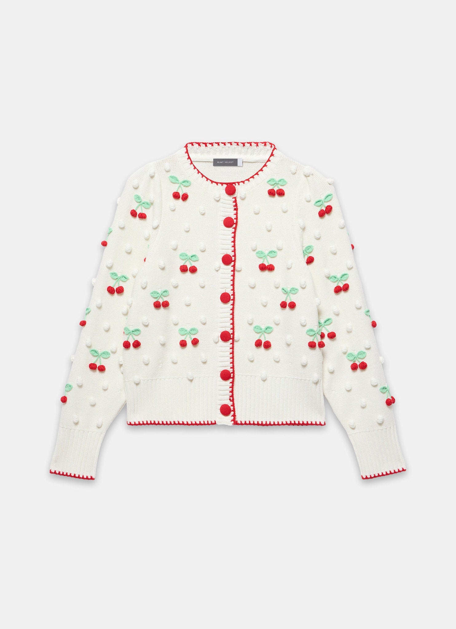 Cream Cherry Applique Knit Cardigan