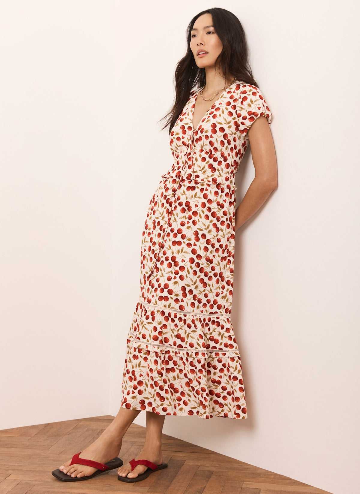Red Cherry Print Midi Dress