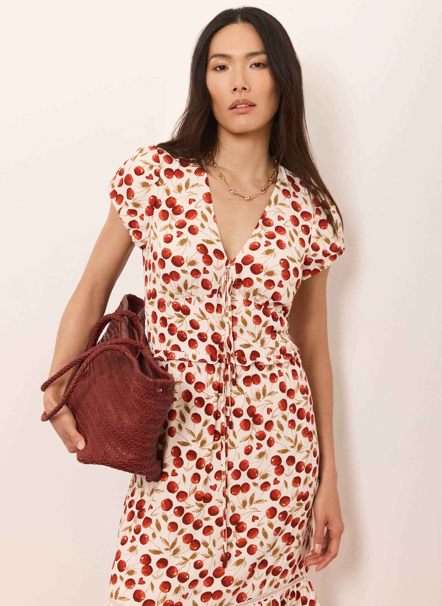 Red Cherry Print Midi Dress