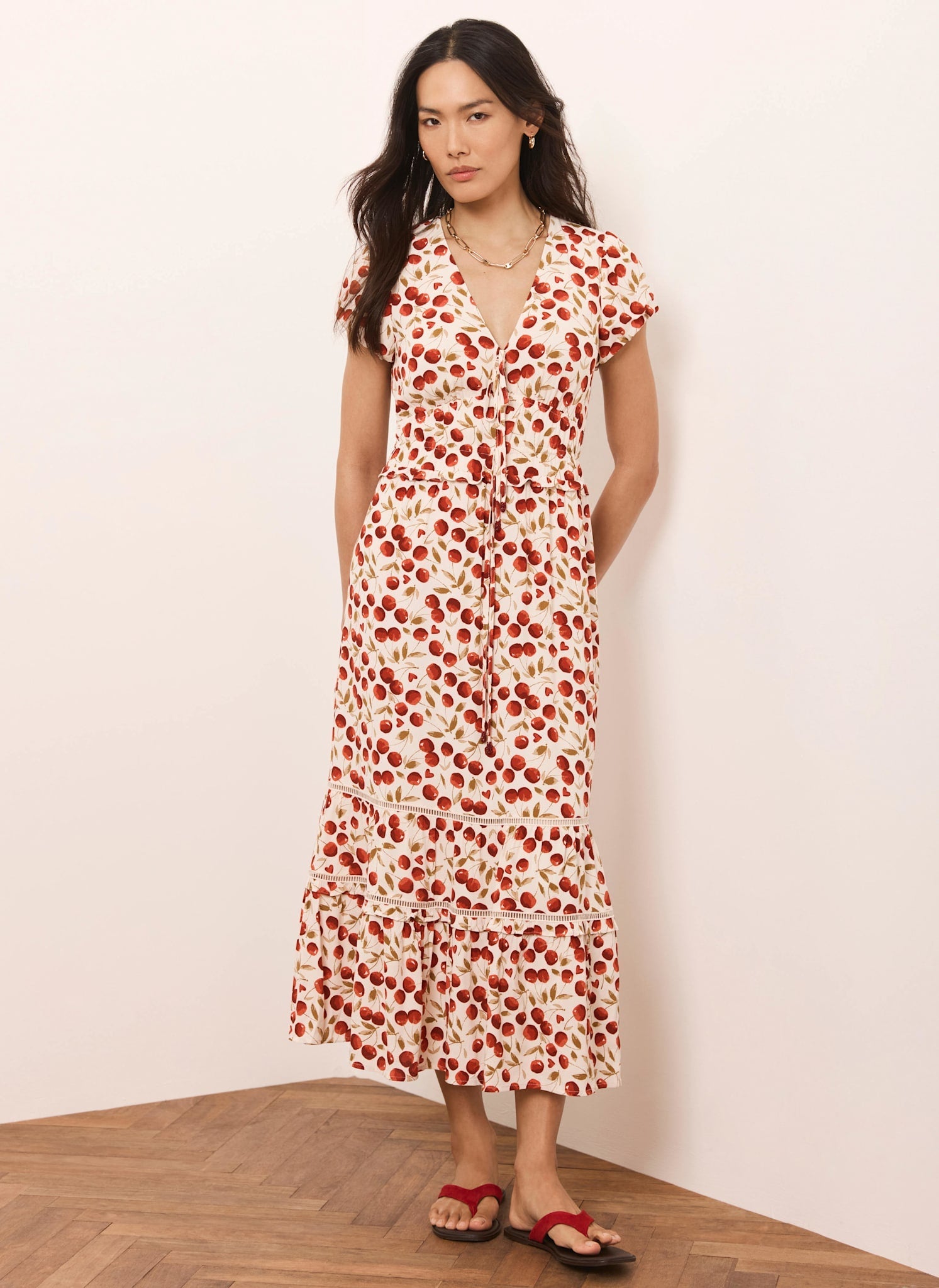 Red Cherry Print Midi Dress