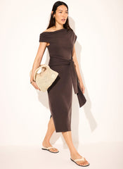 Brown Tie Detail Midi Dress
