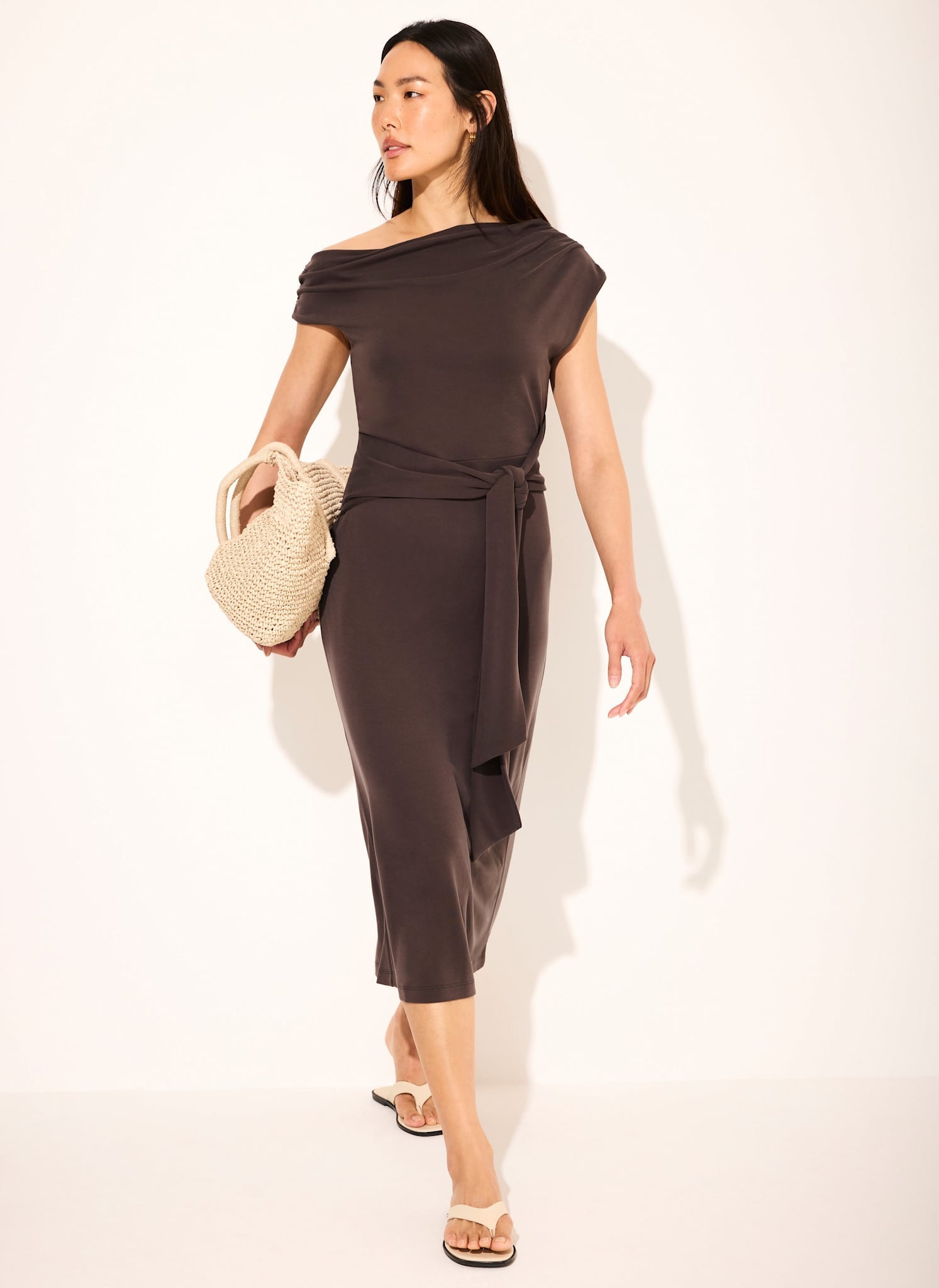 Brown Tie Detail Midi Dress