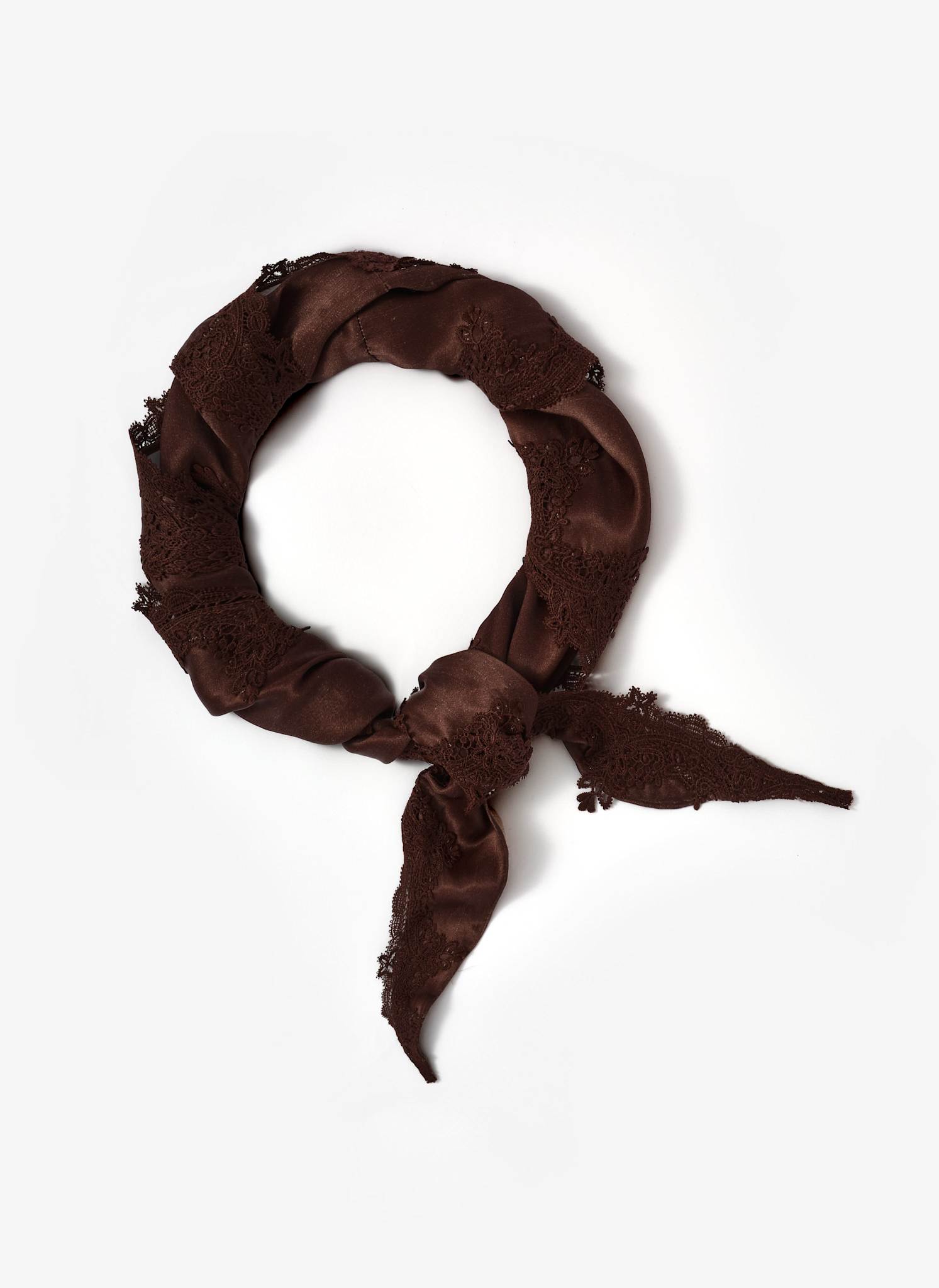Brown Satin Lace Trim Scarf