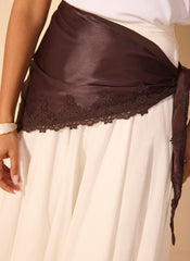 Brown Satin Lace Trim Scarf
