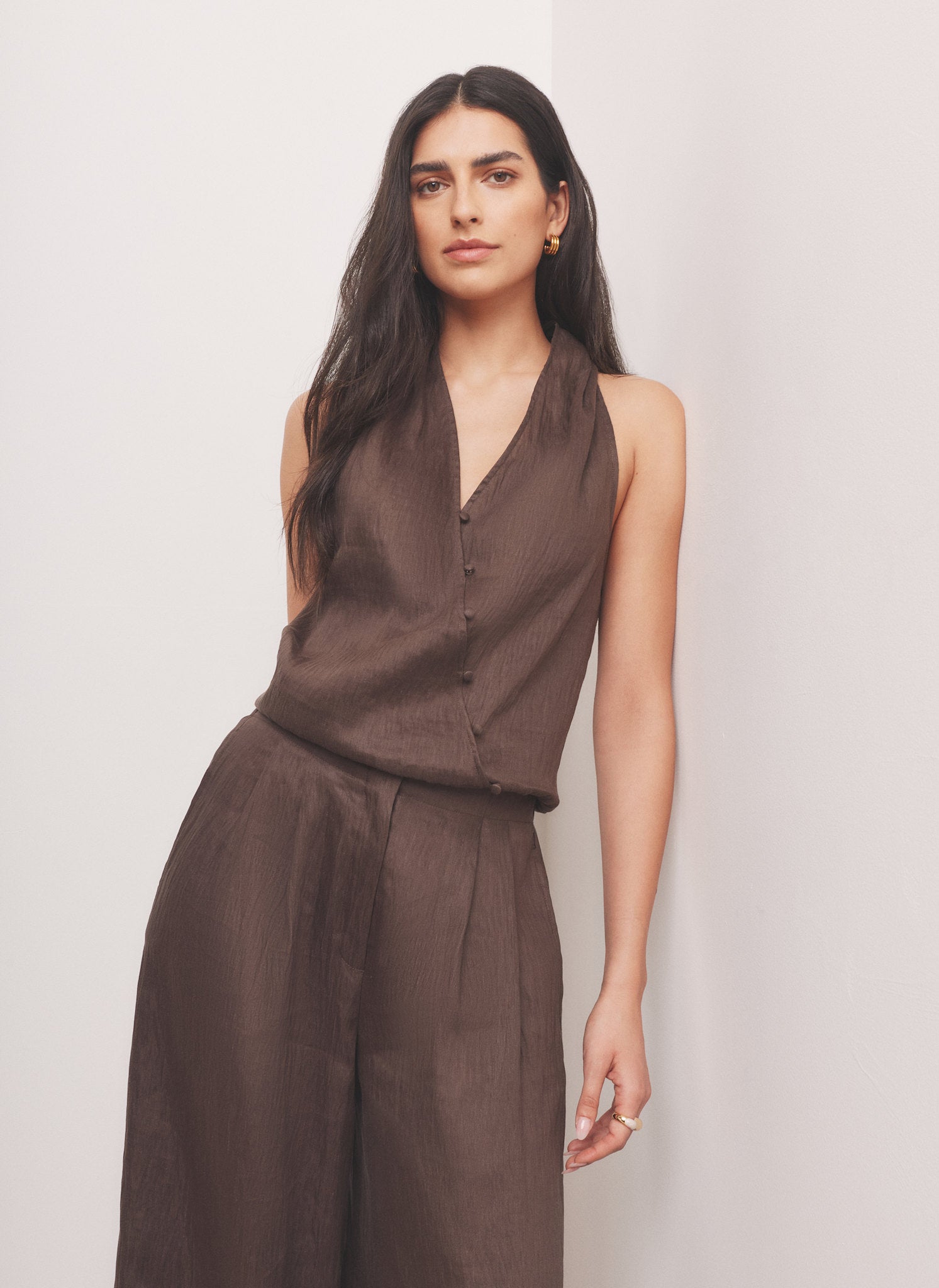 Brown Linen Blend Halter Top