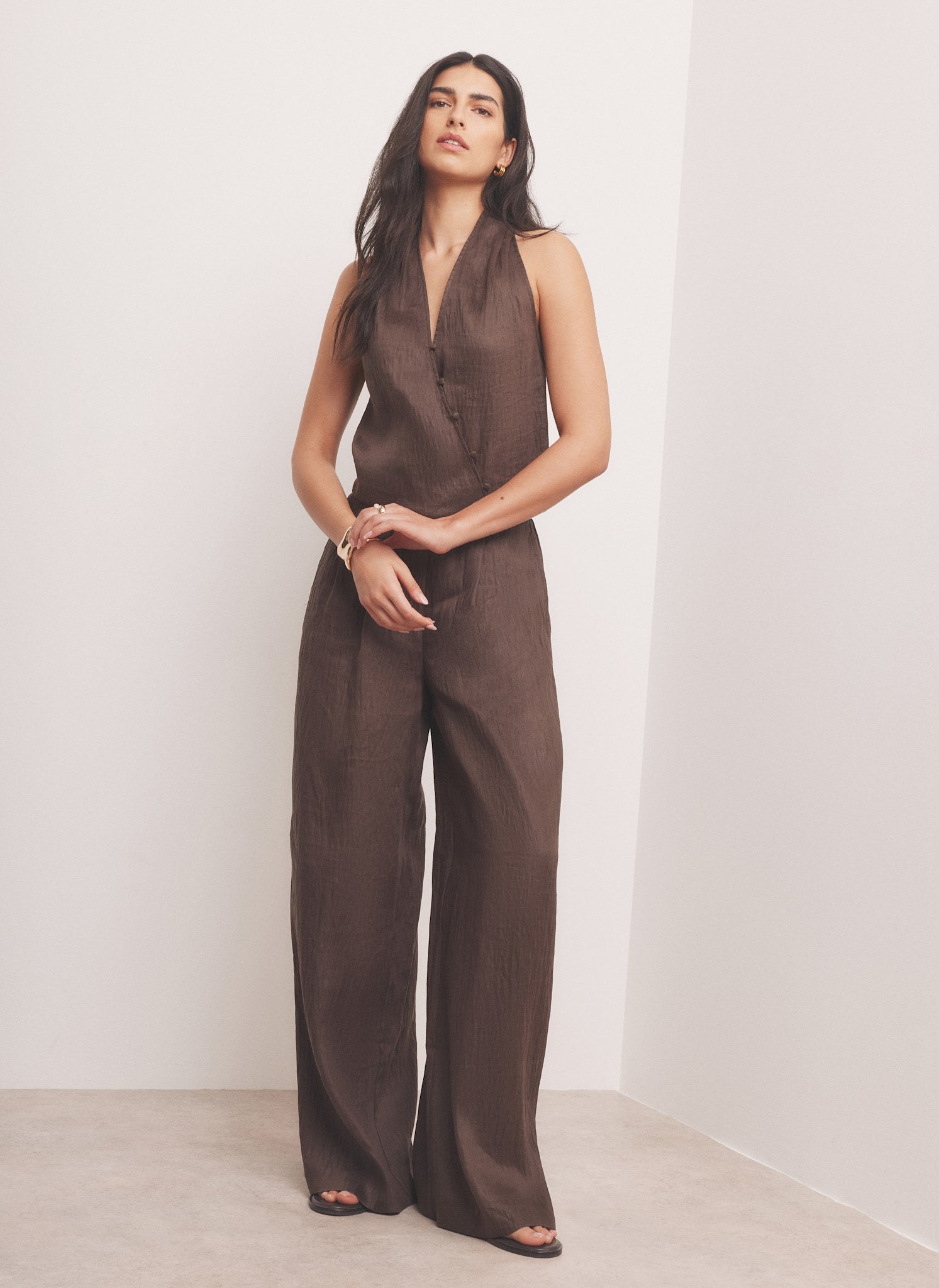 Brown Linen Blend Halter Top