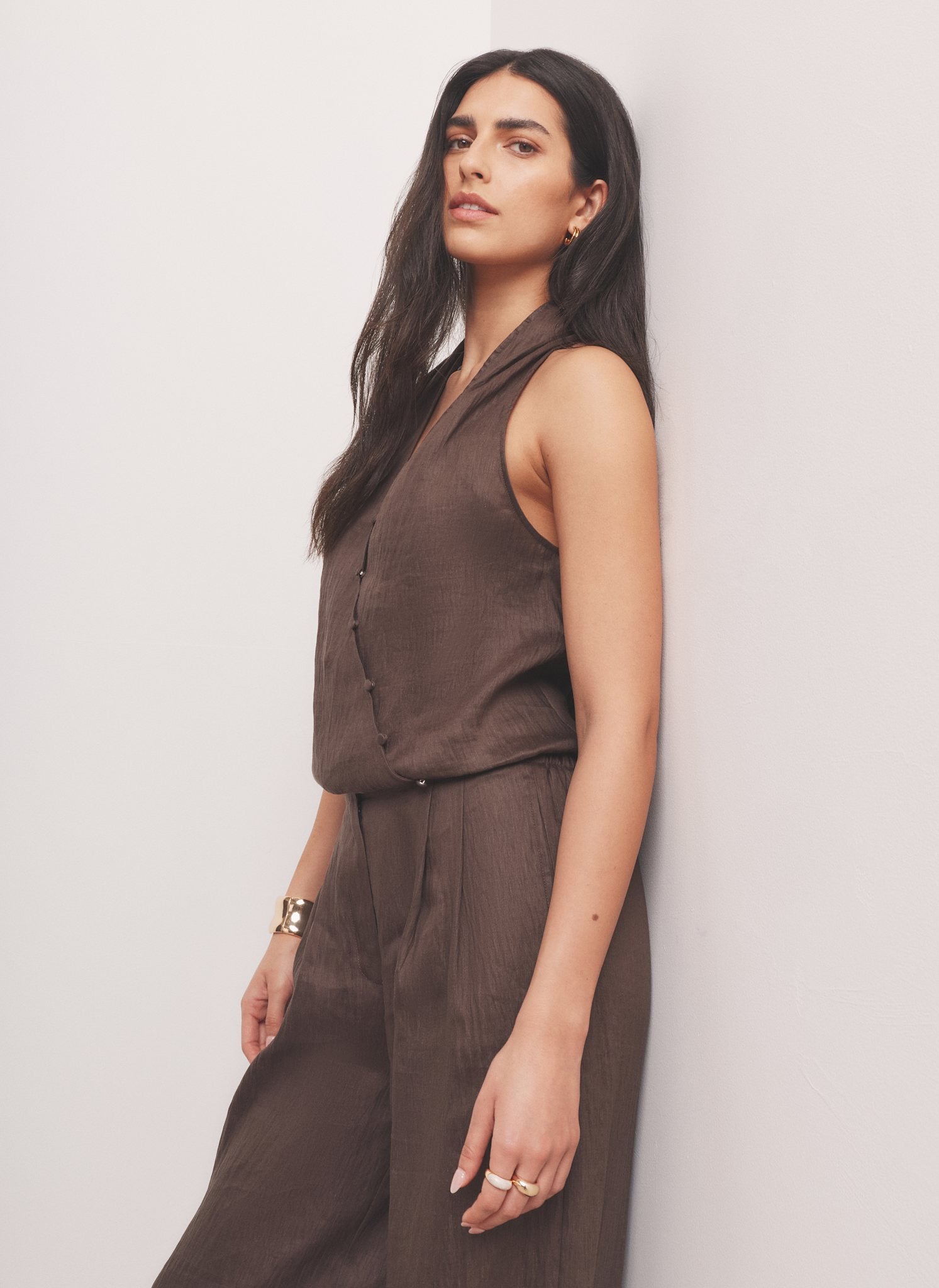 Brown Linen Blend Halter Top