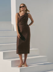 Brown Linen Blend Midi Dress