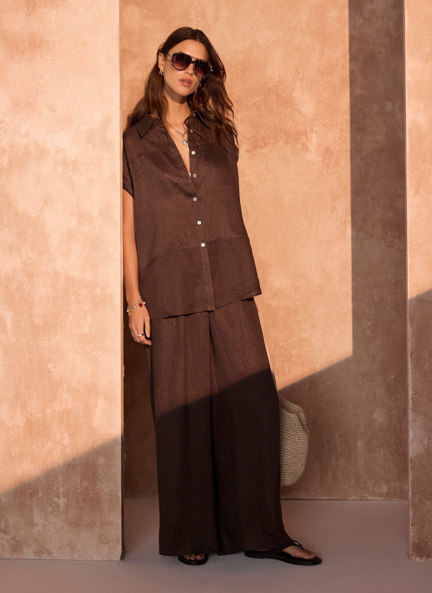 Brown Linen Blend Wide Leg Trousers