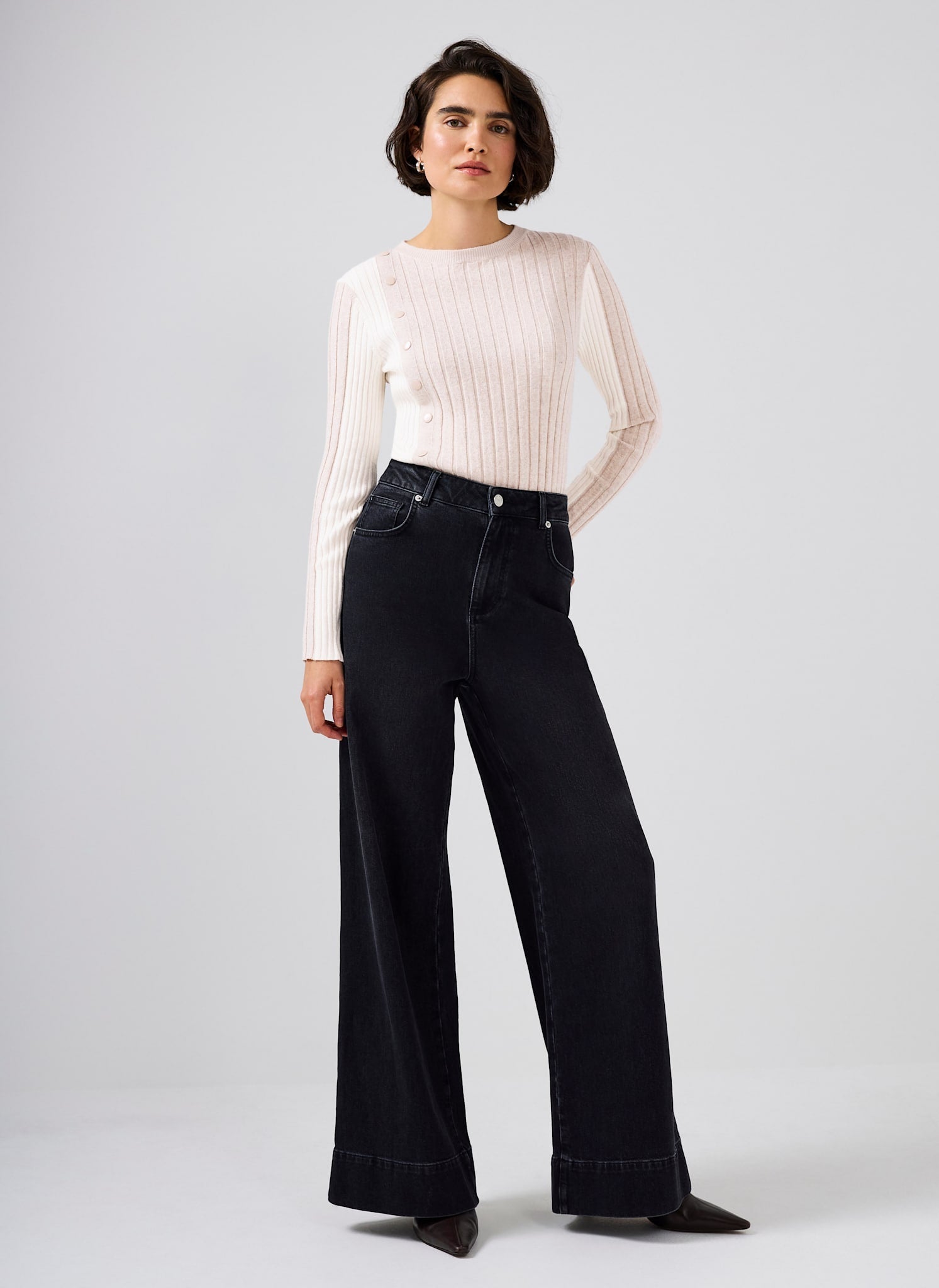 Neutral Colour Block Ribbed Knit Top