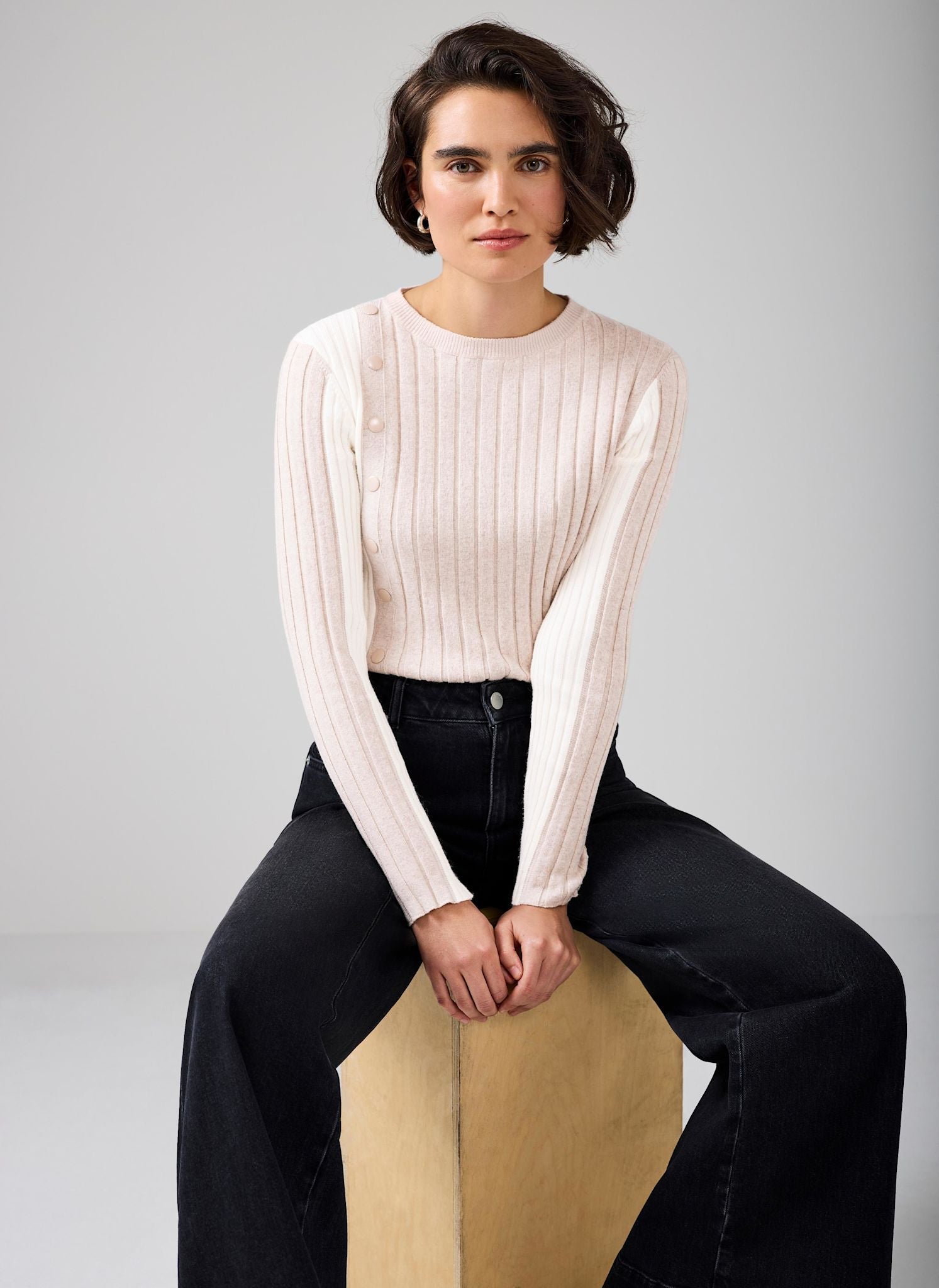 Neutral Colour Block Ribbed Knit Top