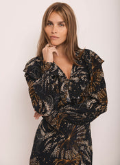 Navy Printed Ruffle Detail Blouse