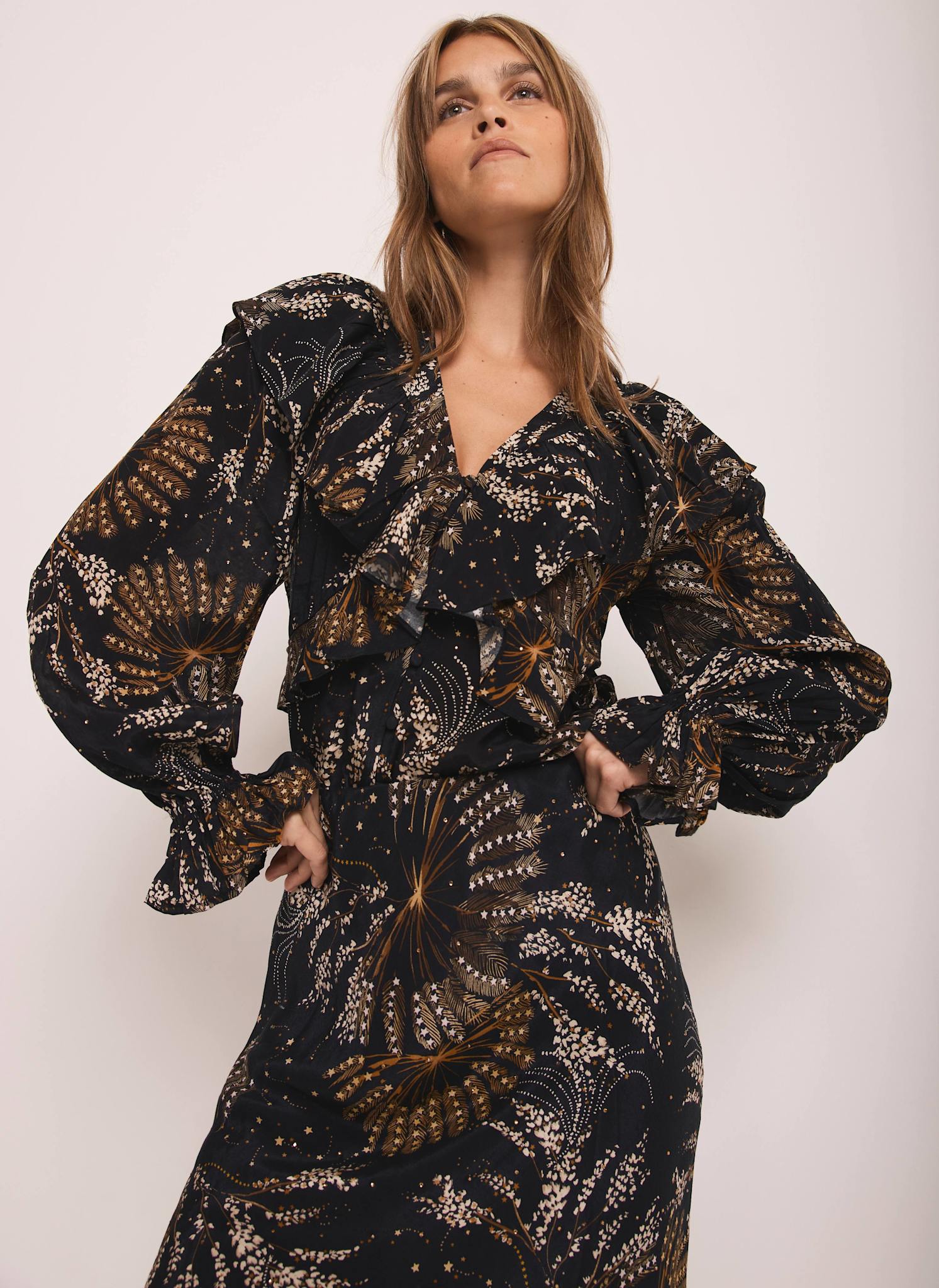 Navy Printed Ruffle Detail Blouse