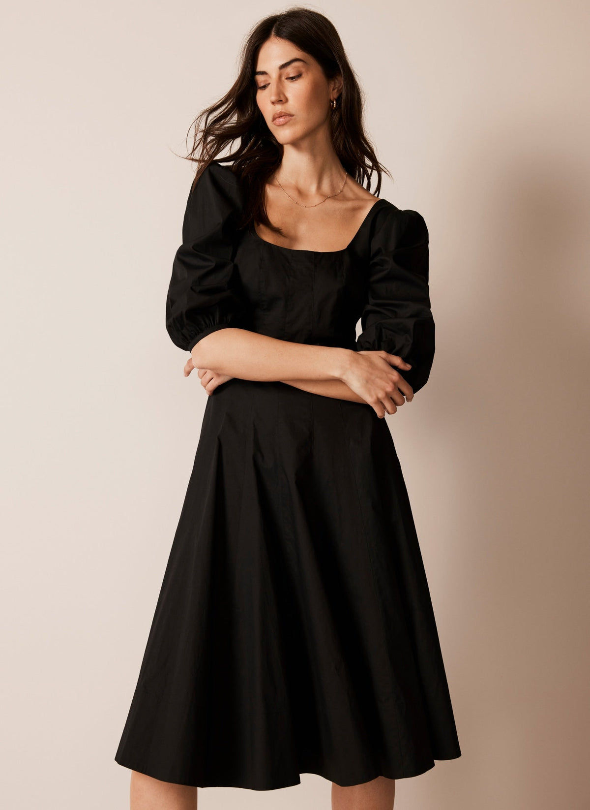 Black Cotton Puff Sleeve Midi Dress