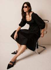 Black Cotton Puff Sleeve Midi Dress
