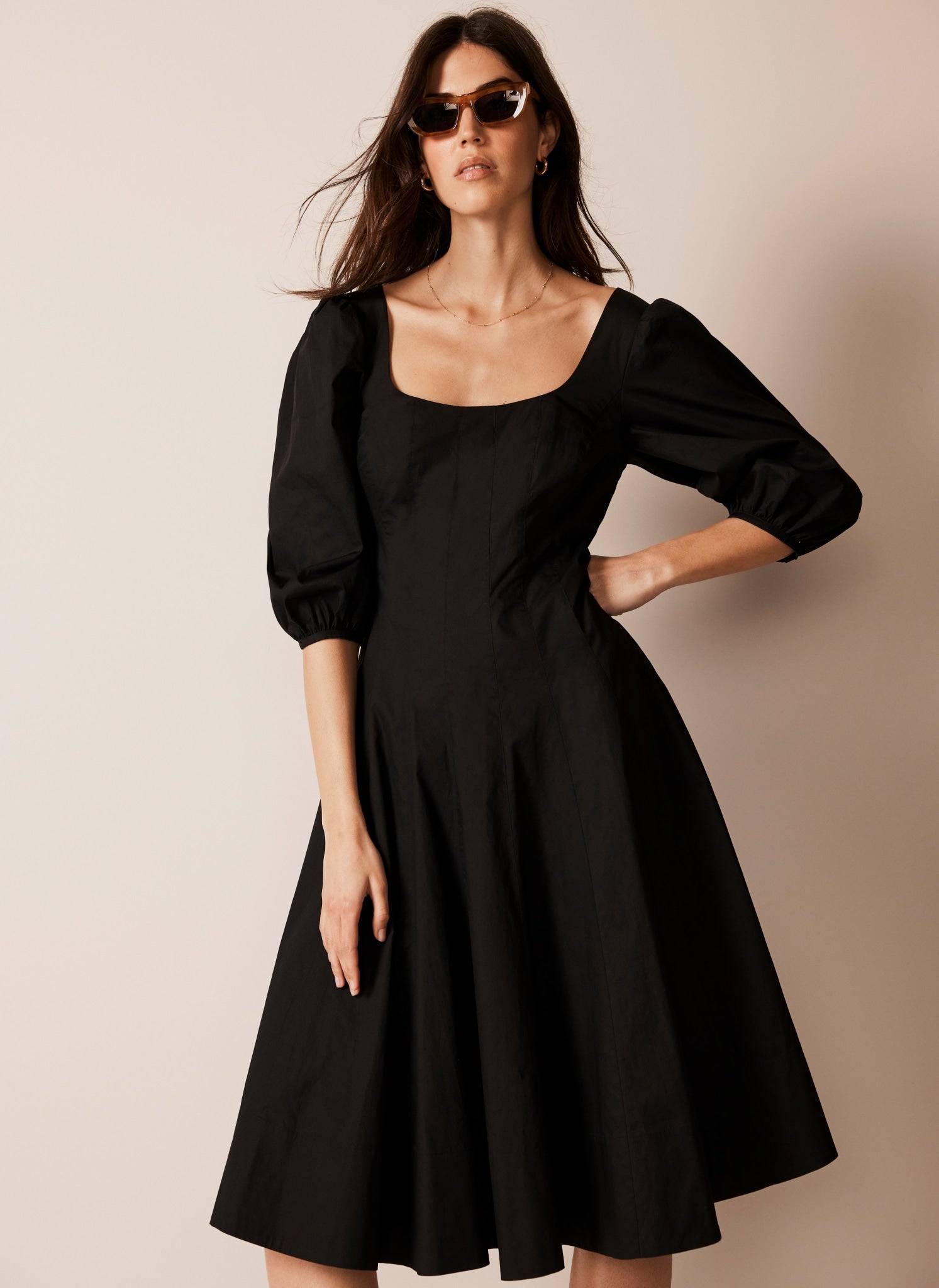Black Cotton Puff Sleeve Midi Dress