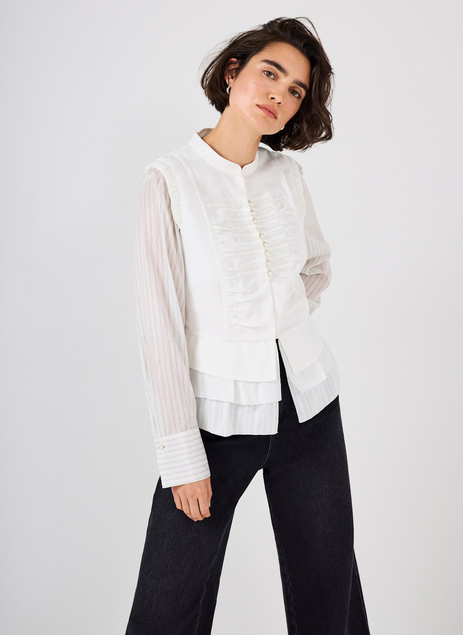 Cream Layered Ruched Detail Shirt