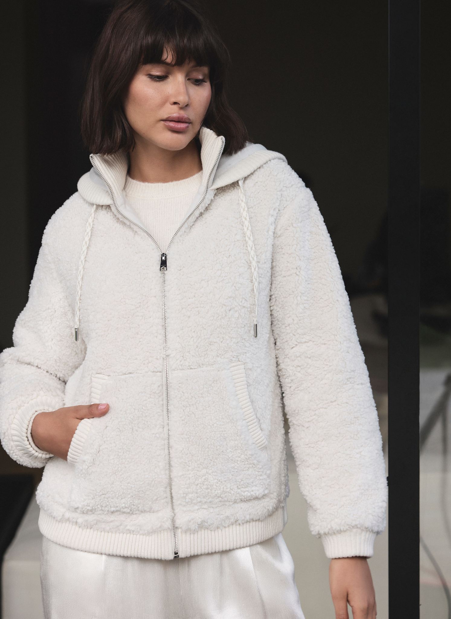 Cream Borg Zip Hood Jacket