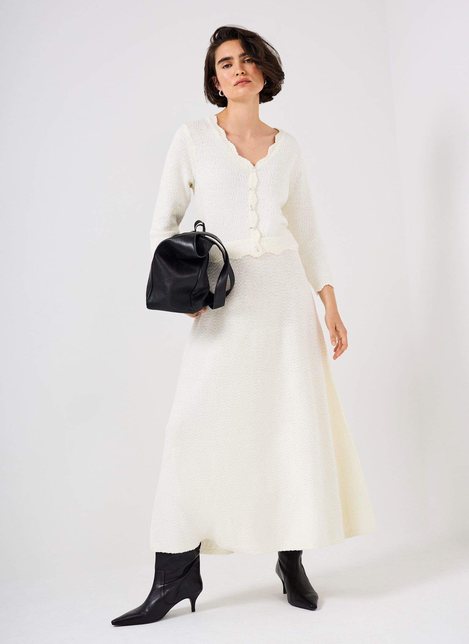 Cream Boucle Knit Midi Dress