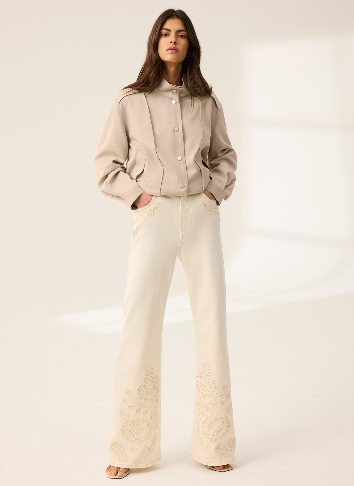 Cream Denim Embroidered Flared Jeans