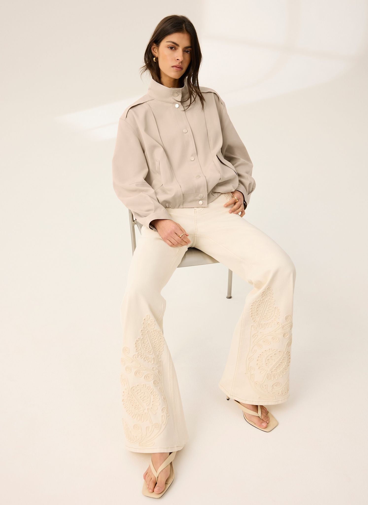 Cream Denim Embroidered Flared Jeans
