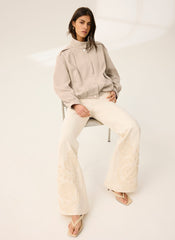 Cream Denim Embroidered Flared Jeans