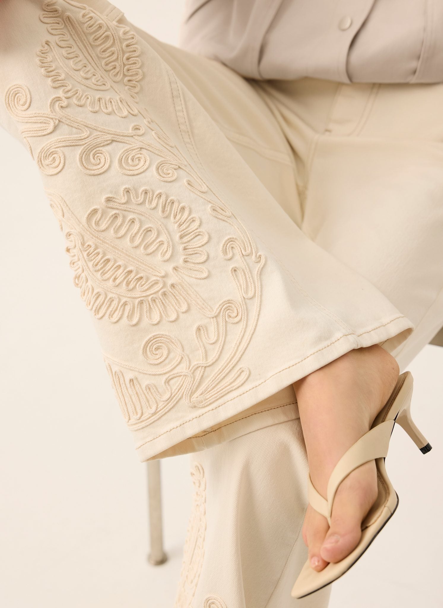 Cream Denim Embroidered Flared Jeans