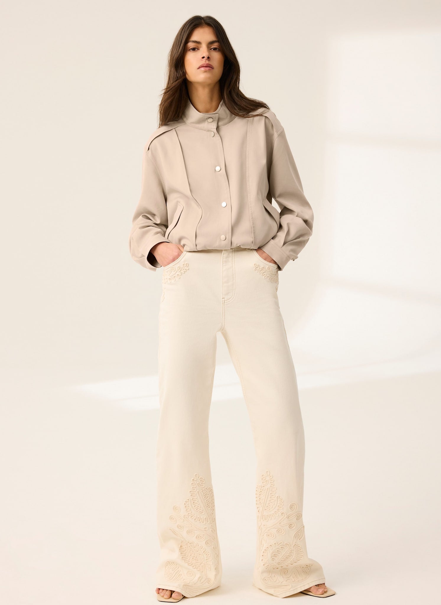 Cream Denim Embroidered Flared Jeans