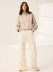 Cream Denim Embroidered Flared Jeans