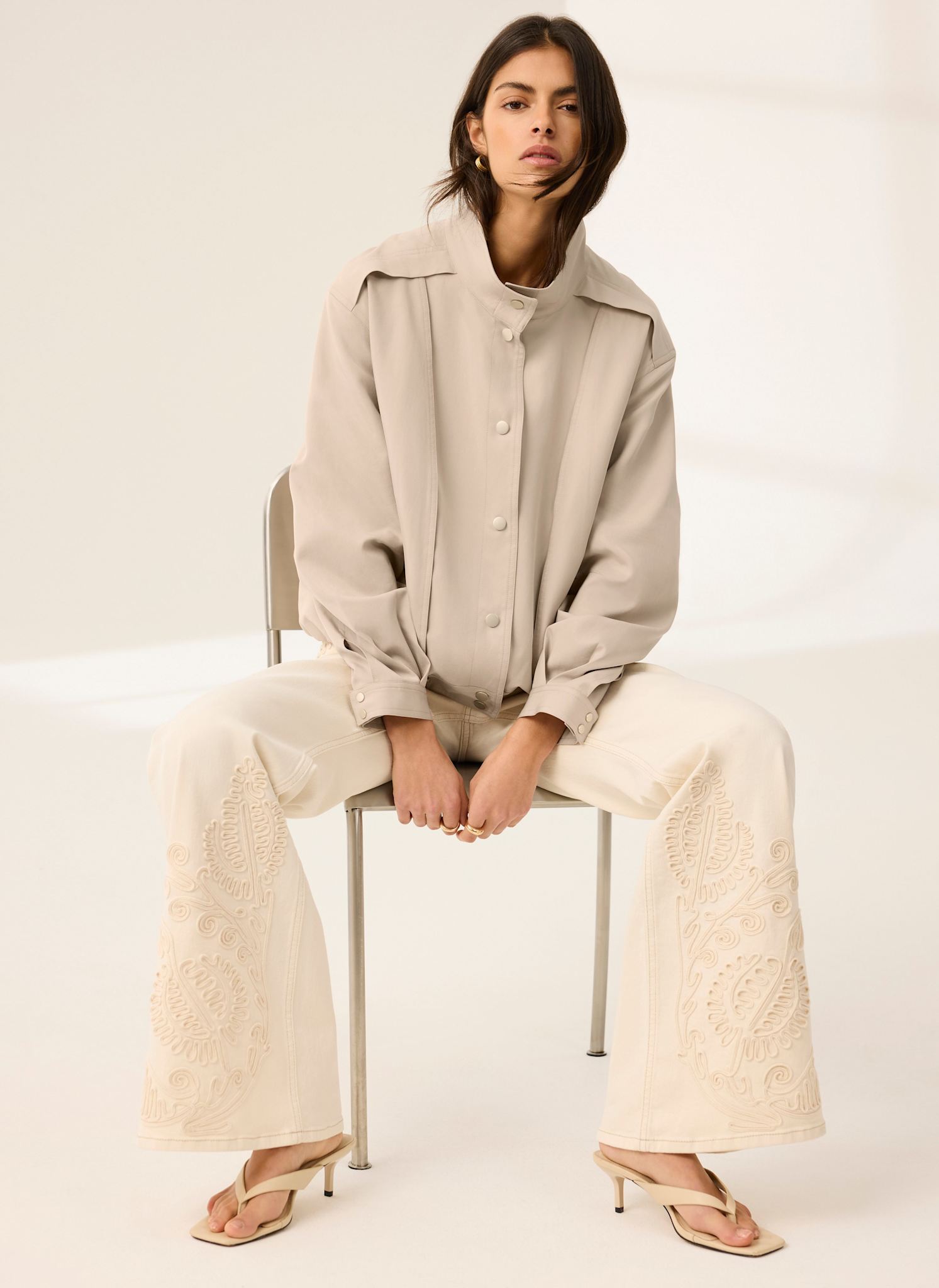 Cream Denim Embroidered Flared Jeans