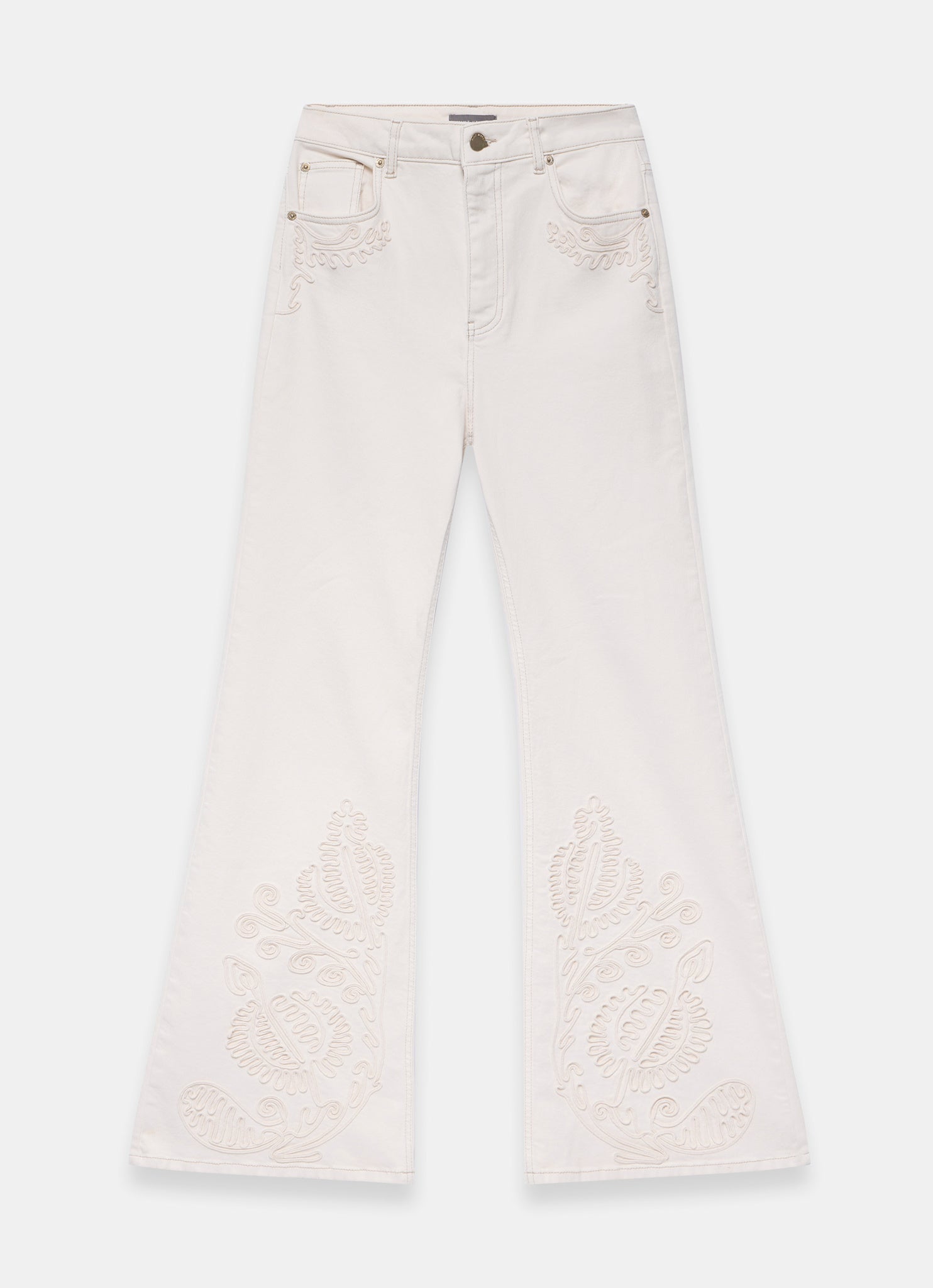Cream Denim Embroidered Flared Jeans