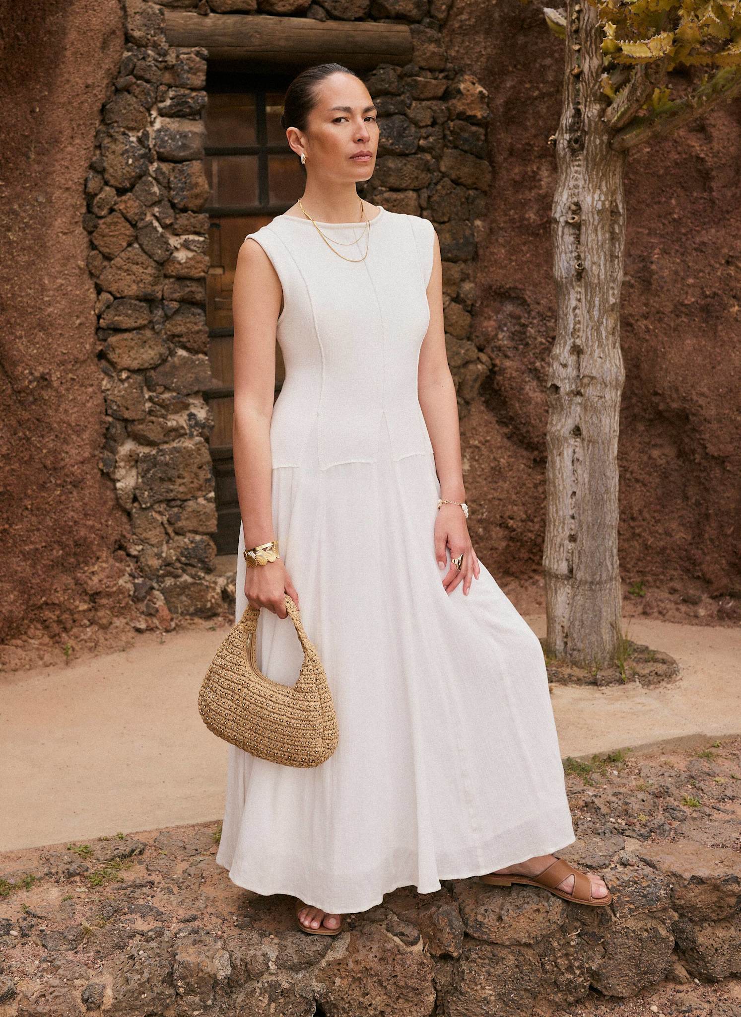 Cream Cotton Blend Drop Waist Maxi Dress