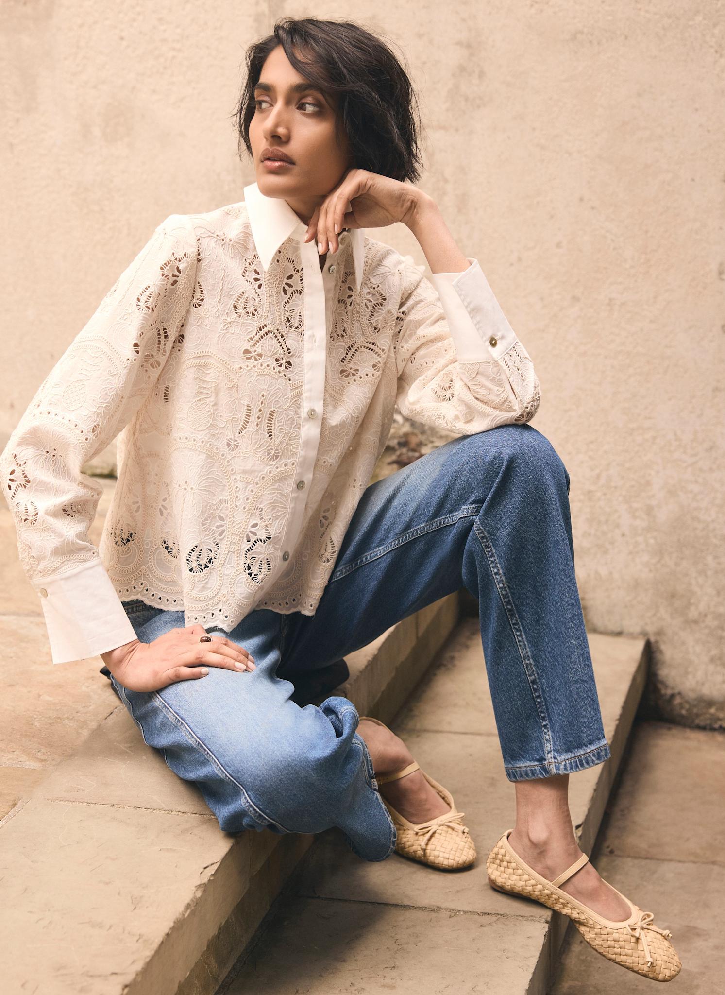 White Broderie Cropped Shirt