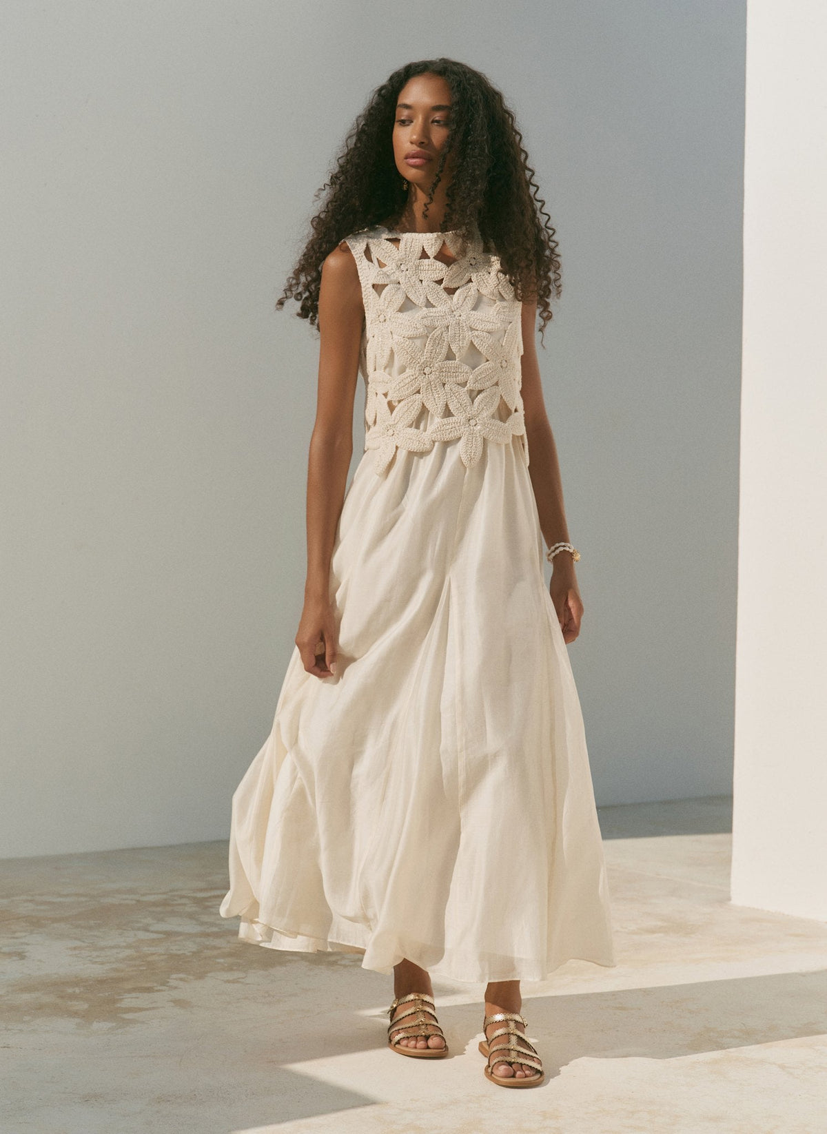 Cream Cotton Blend Crochet Maxi Dress