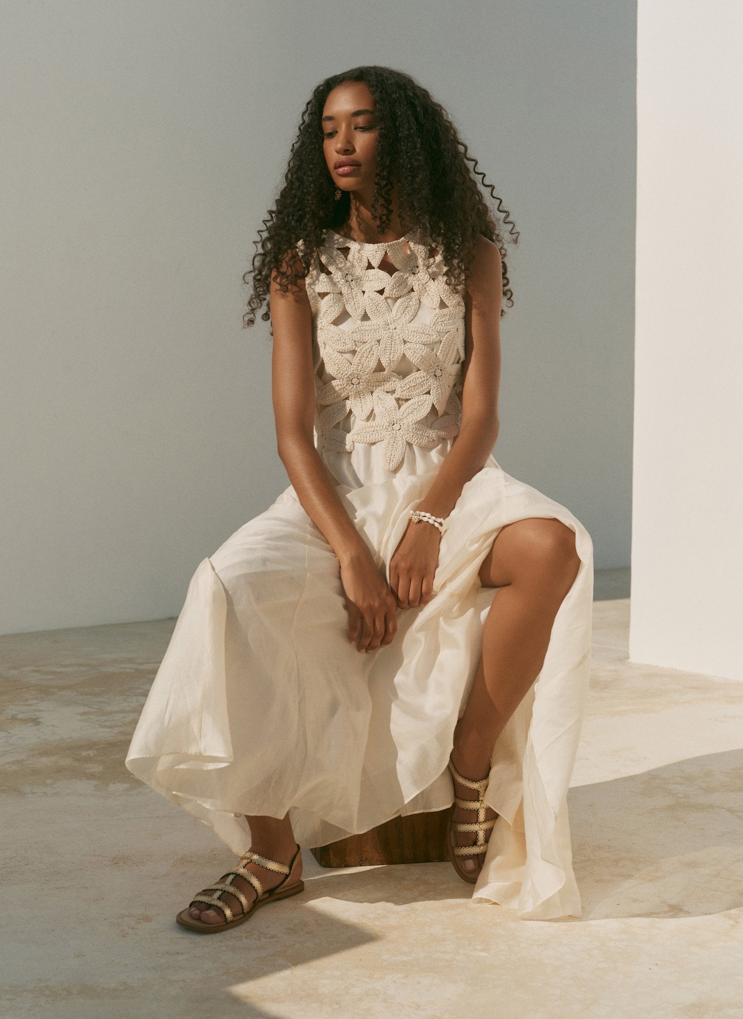 Cream Cotton Blend Crochet Maxi Dress