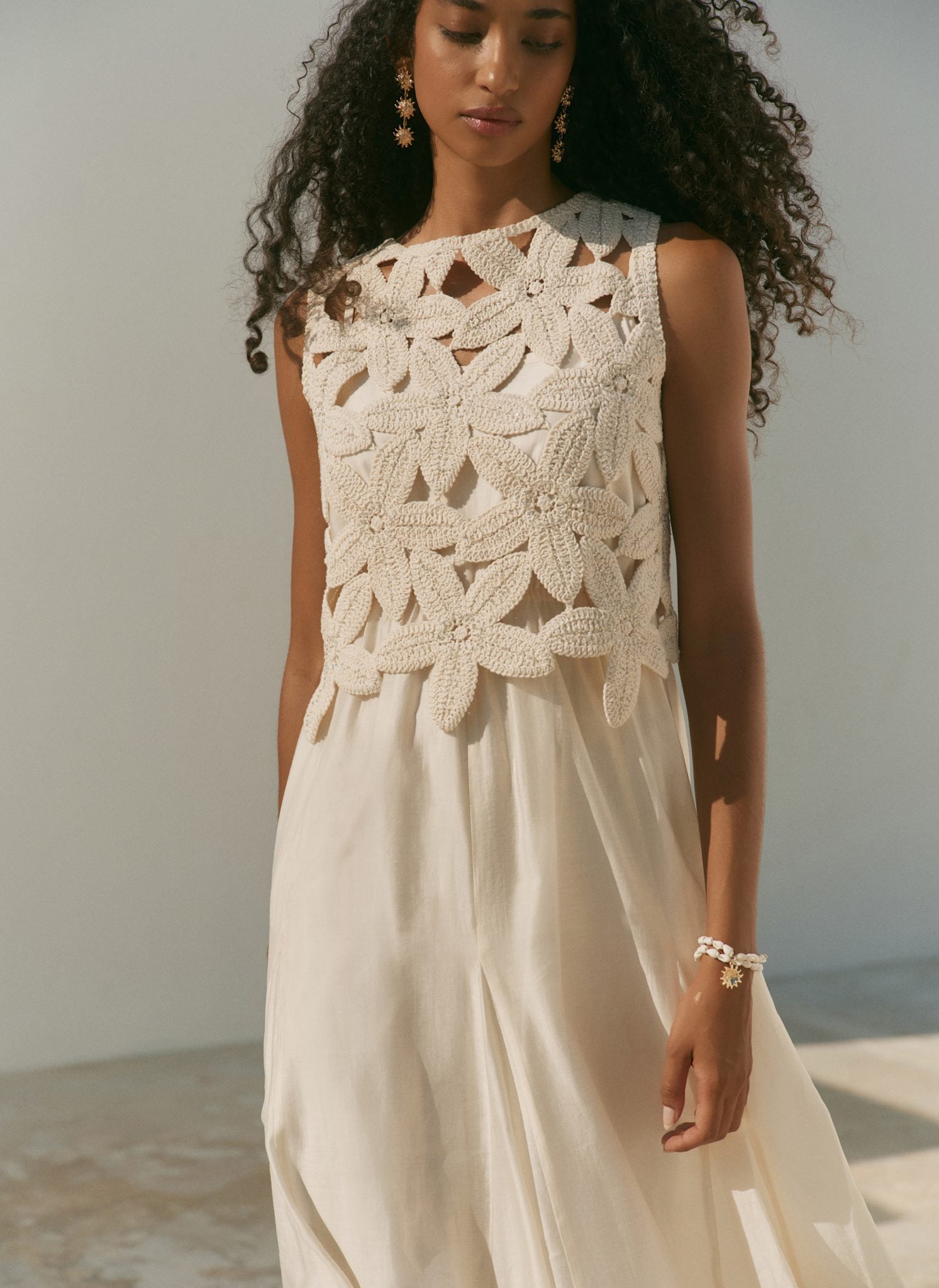 Cream Cotton Blend Crochet Maxi Dress