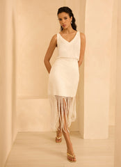White Disc Detail Fringed Midi Skirt