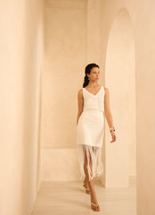 White Disc Detail Fringed Midi Skirt