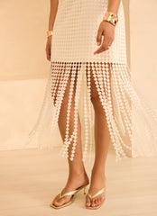 White Disc Detail Fringed Midi Skirt