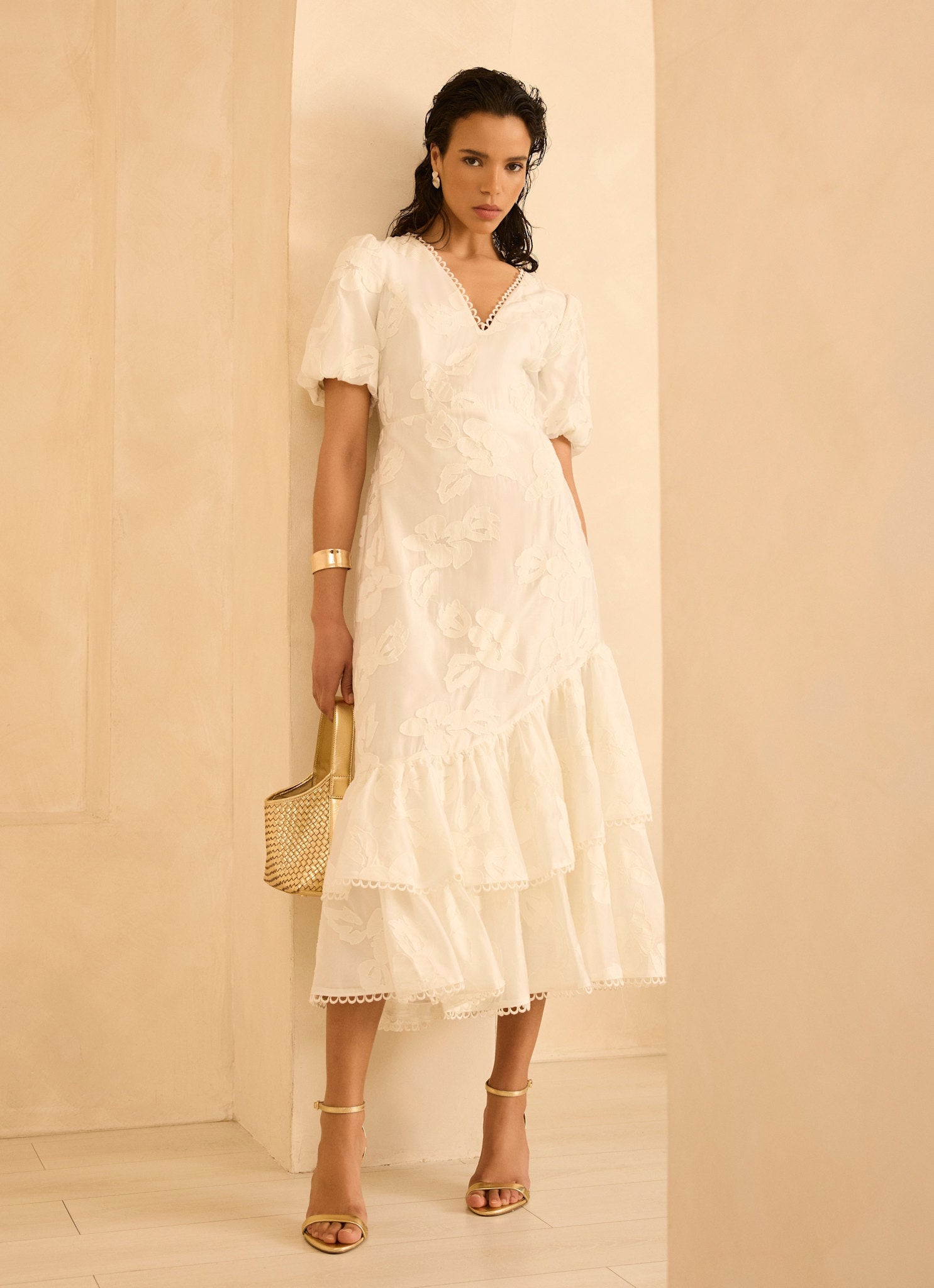 White Cotton Blend Floral Maxi Dress
