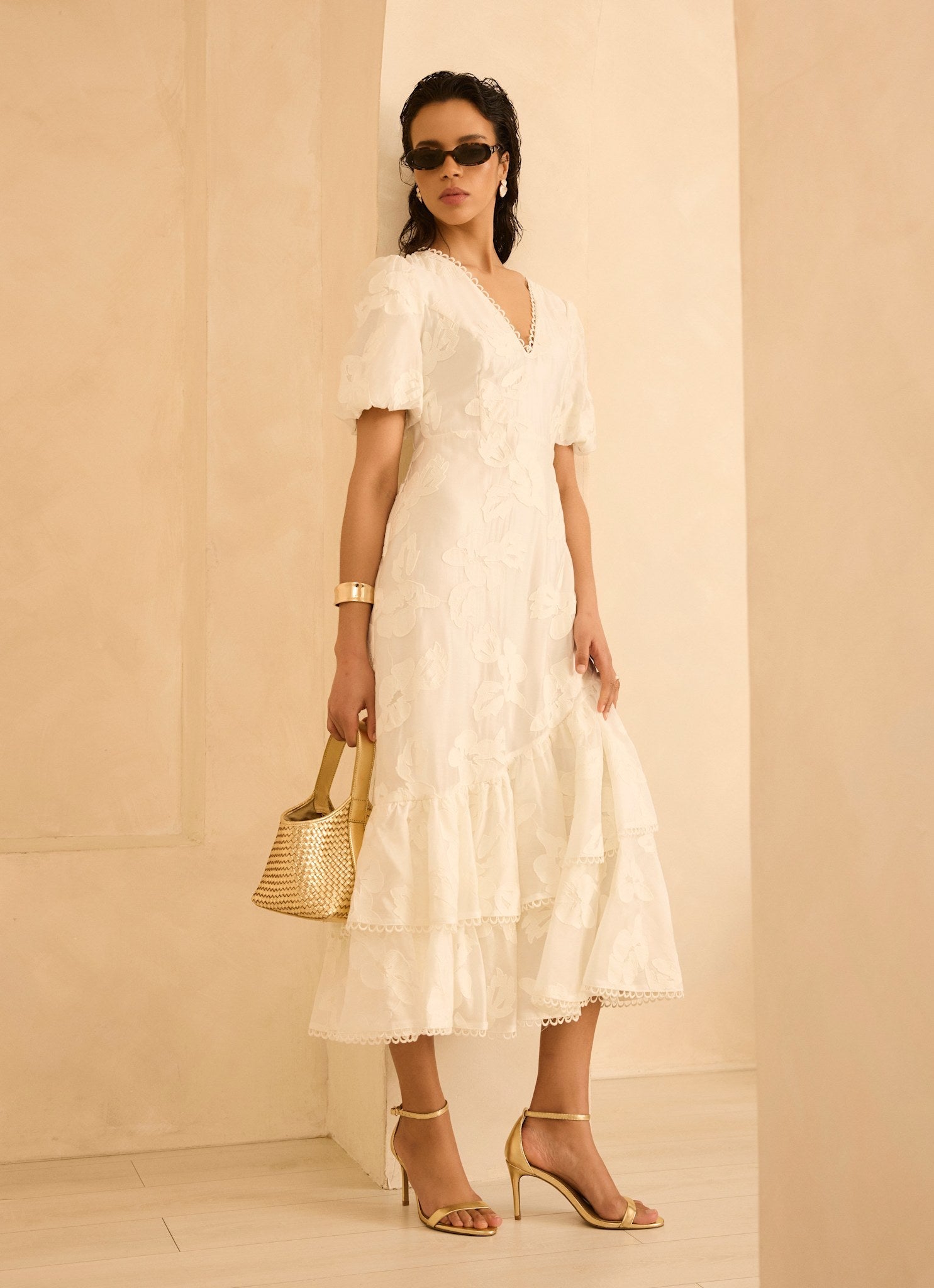 White Cotton Blend Floral Maxi Dress