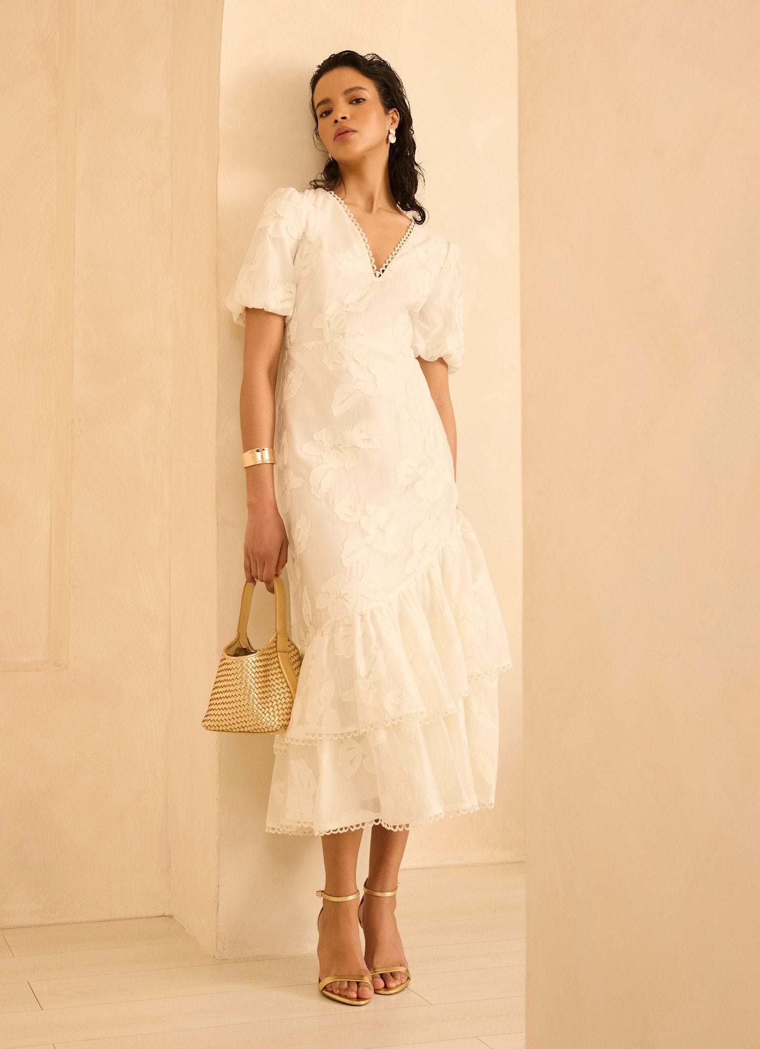 White Cotton Blend Floral Maxi Dress