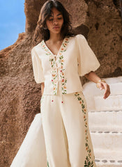 Cream Linen Blend Floral Print Top