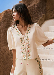 Cream Linen Blend Floral Print Top