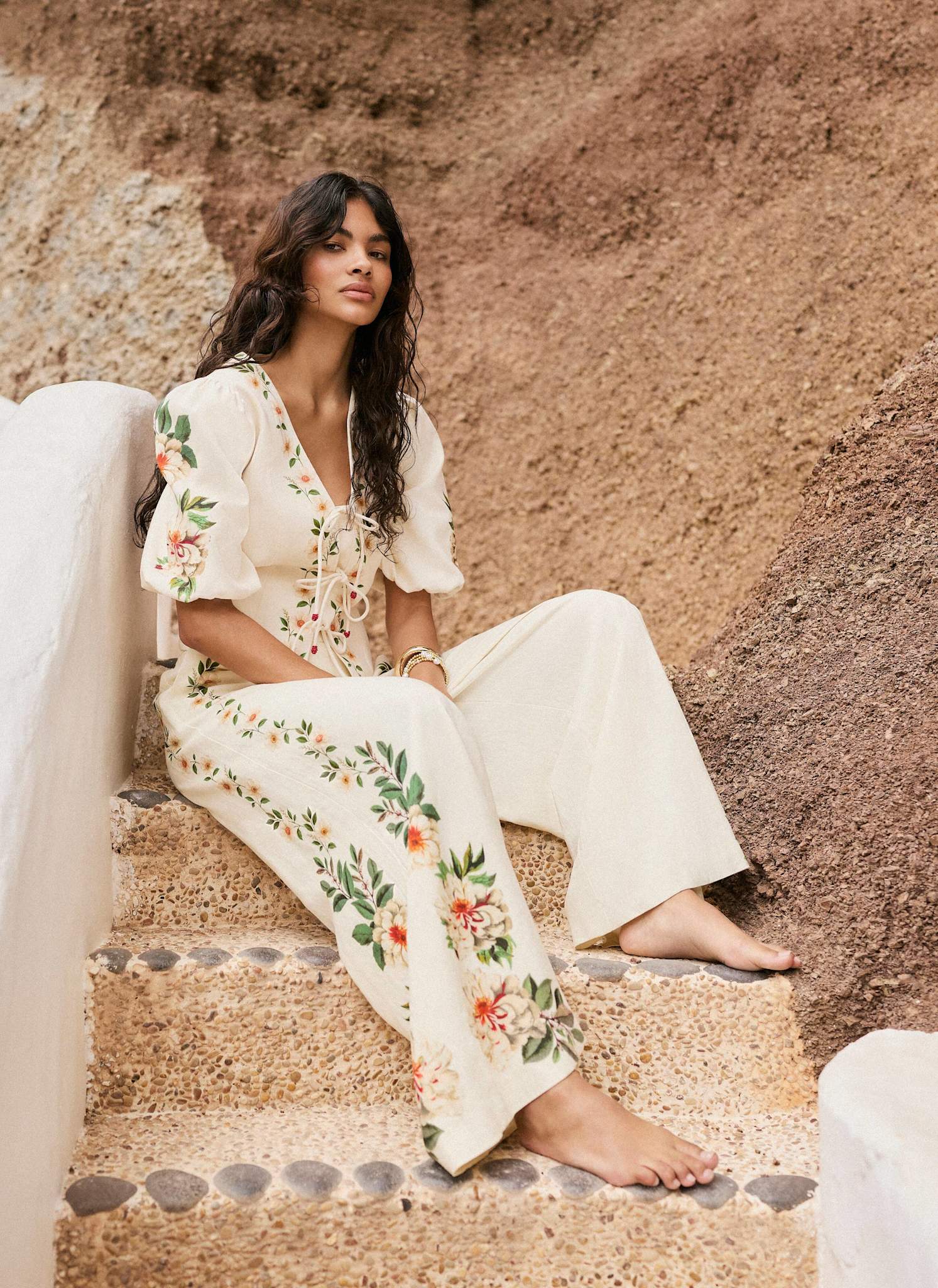 Cream Linen Blend Floral Print Top