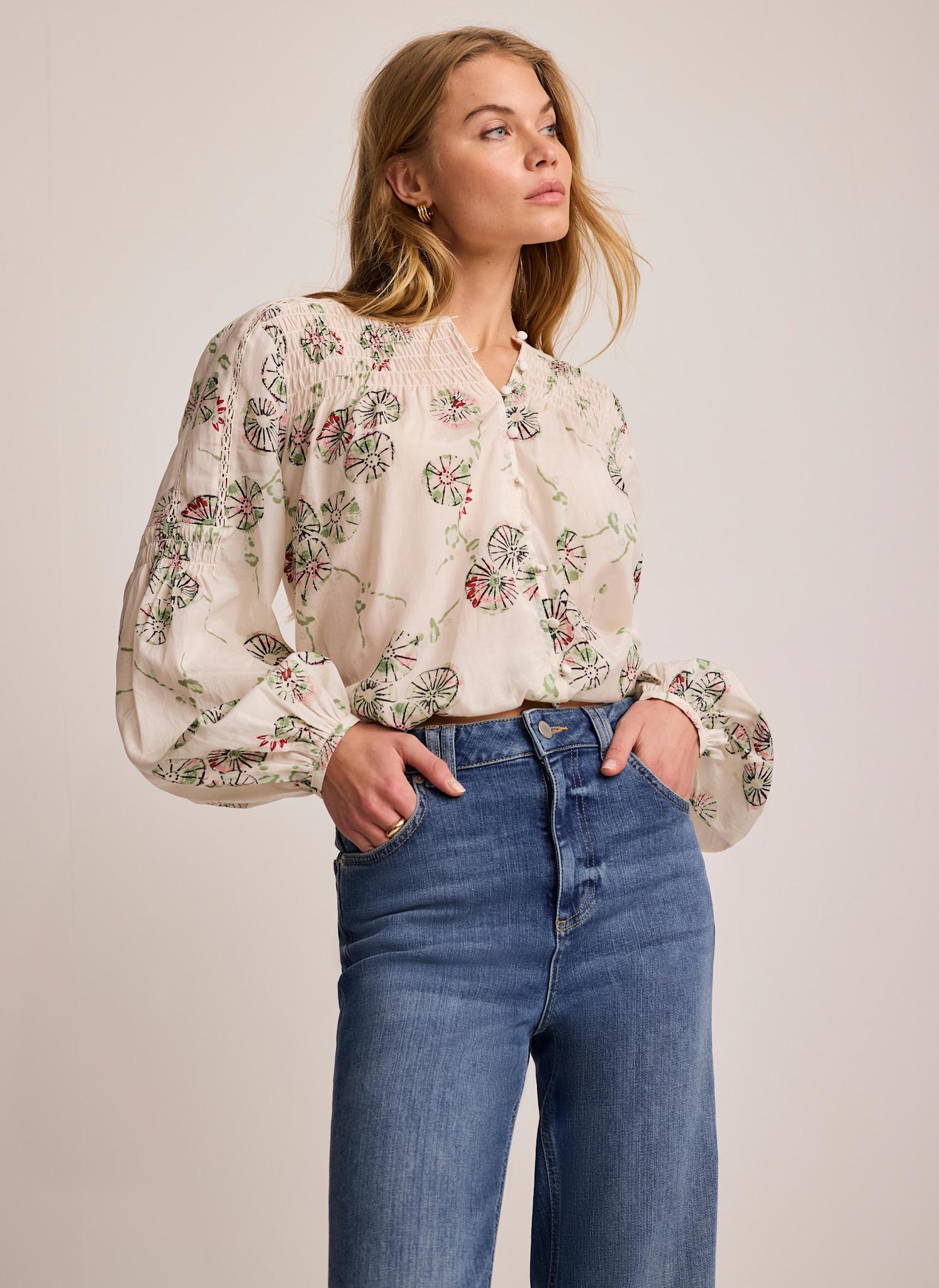 Cream Shirred Printed Blouse