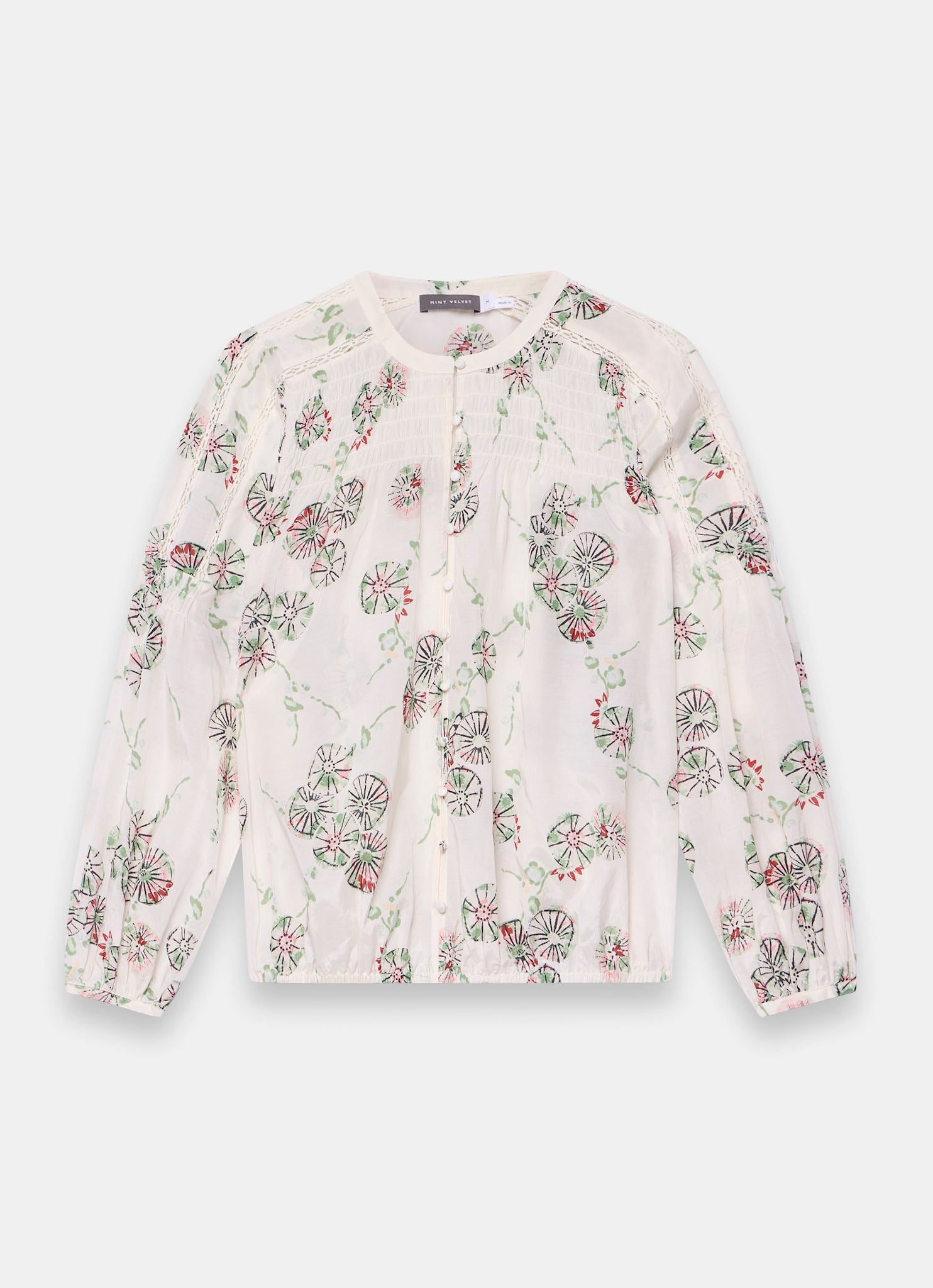 Cream Shirred Printed Blouse