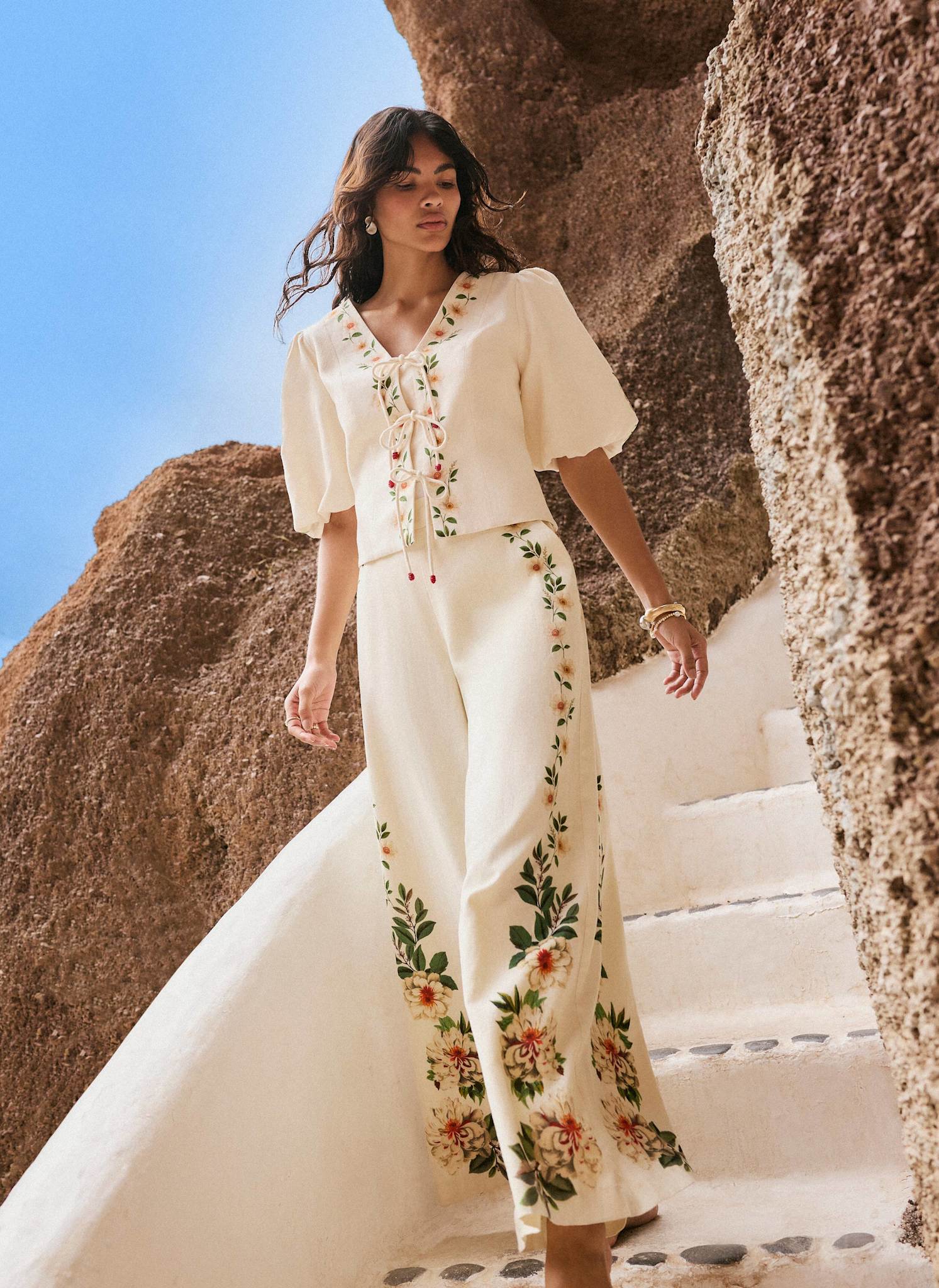 Cream Linen Blend Floral Print Wide Trousers