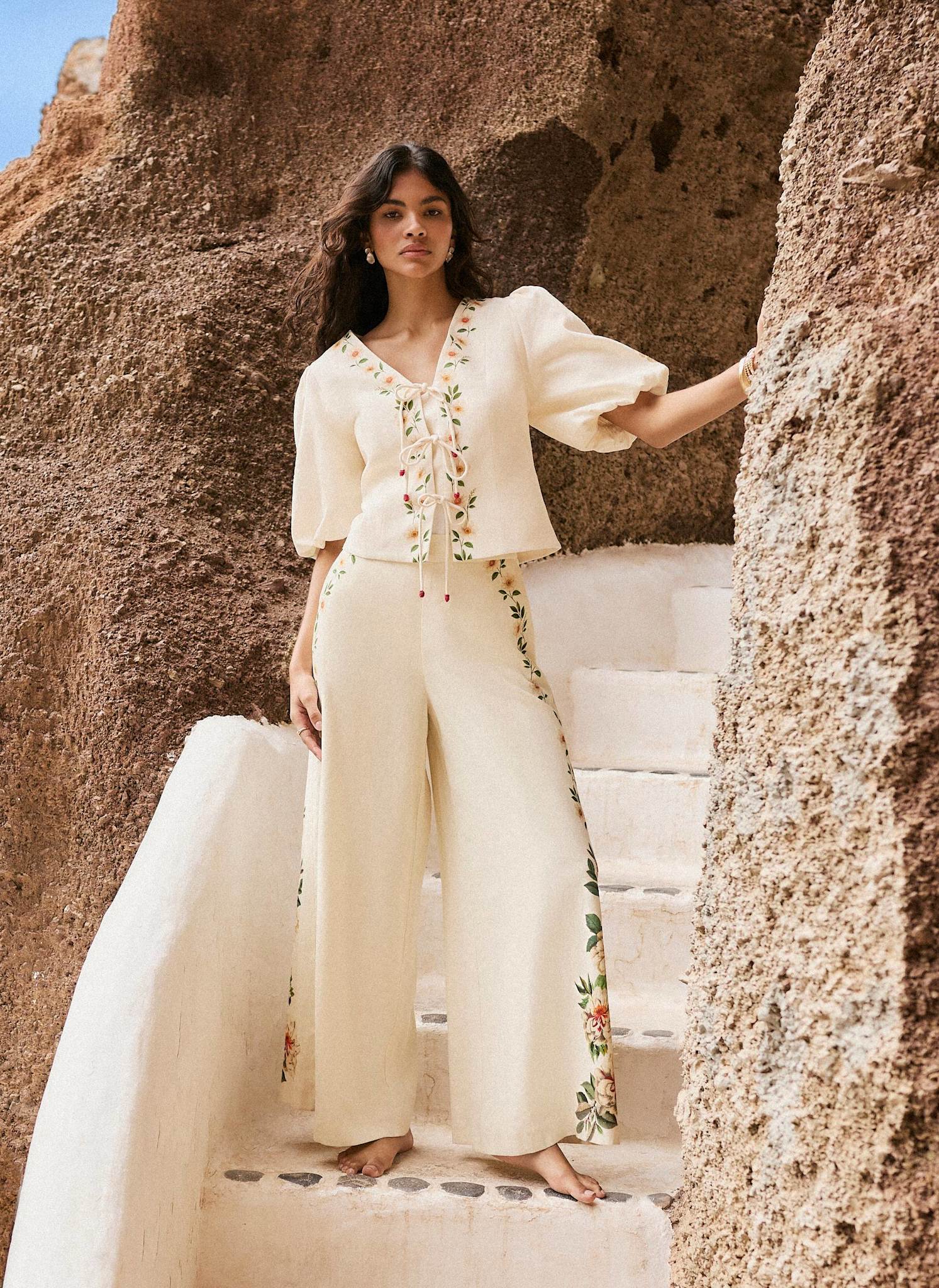 Cream Linen Blend Floral Print Wide Trousers